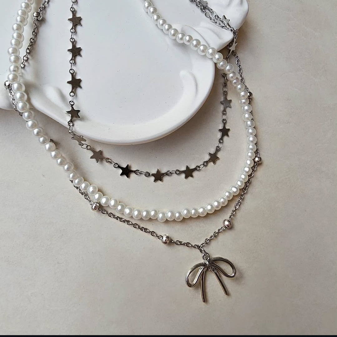 گردنبند سه لاین مروارید پاپیونی