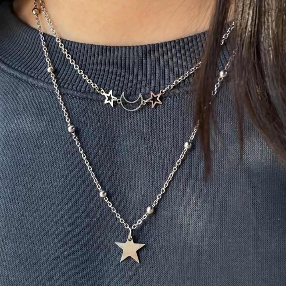  گردنبند ترکیبی ماه و ستاره دو لاین 
