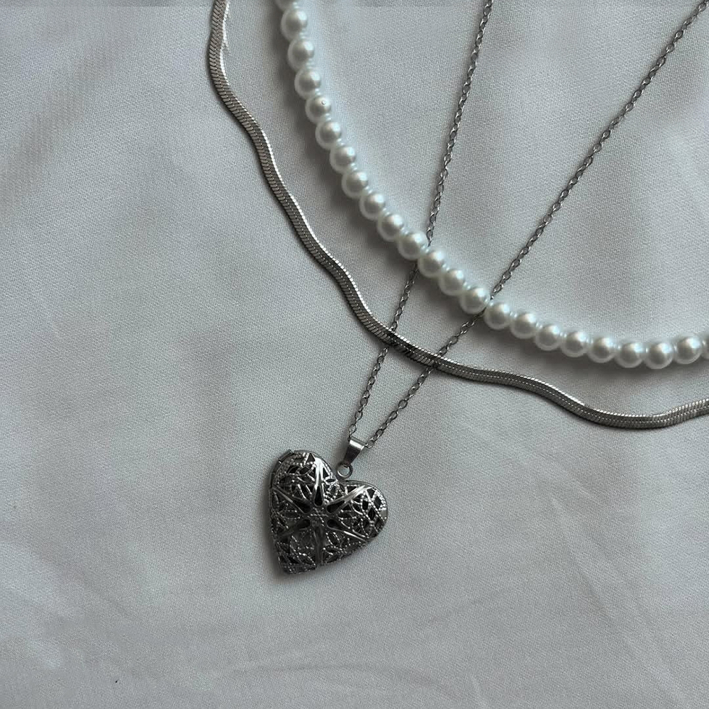  گردنبند لاکت قلبی سه لاین مرواریدی 