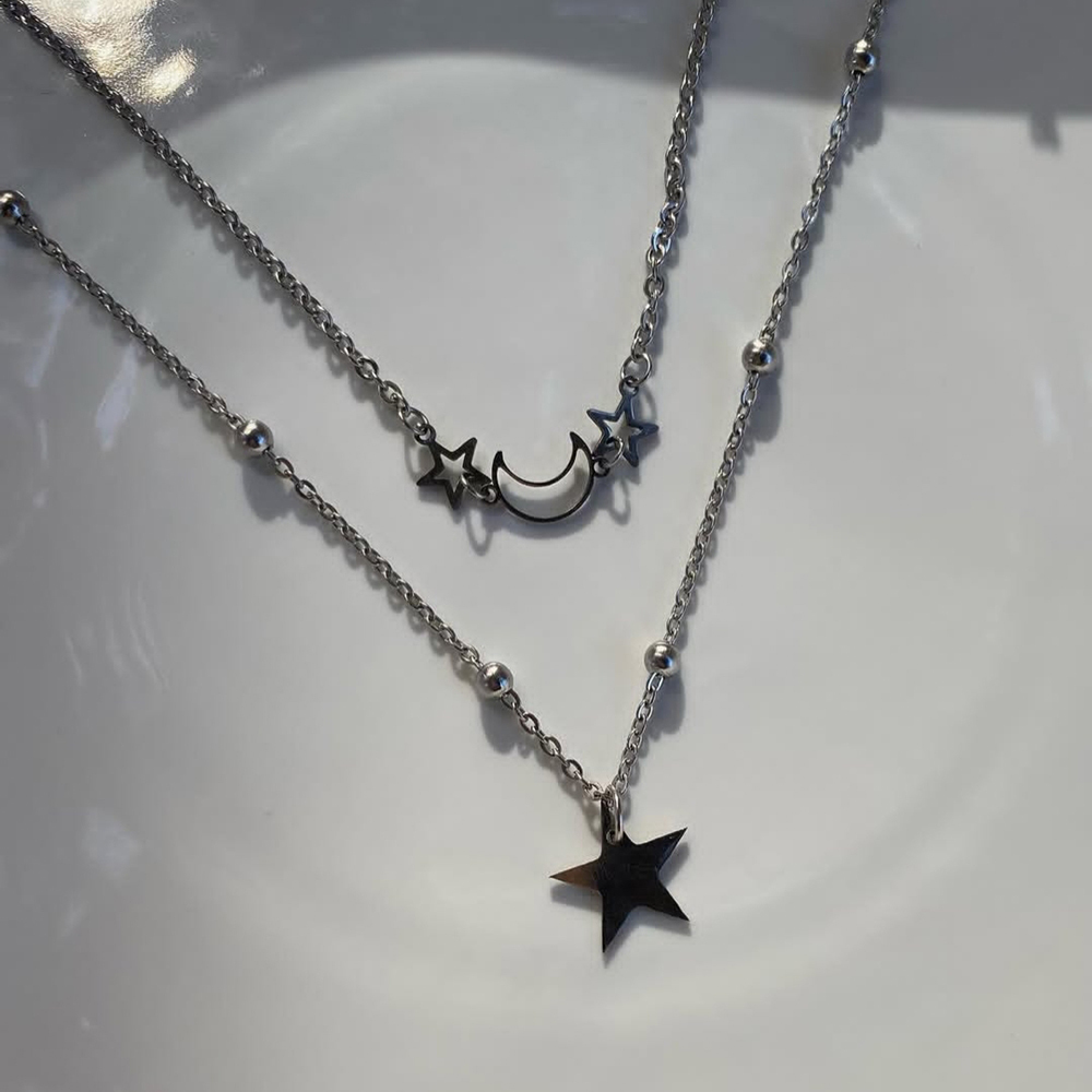  گردنبند ترکیبی ماه و ستاره دو لاین 