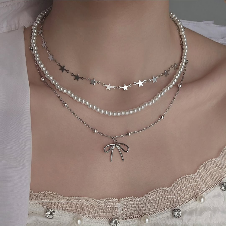 گردنبند سه لاین مروارید پاپیونی 